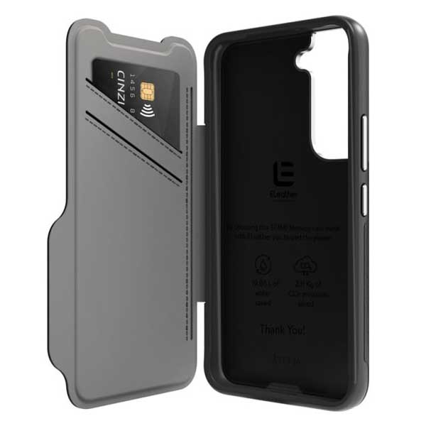 EFM Monaco Leather Wallet Case Armour with D3O 5G Signal Plus (Suits Samsung Galaxy S22+) - Black/Space Grey