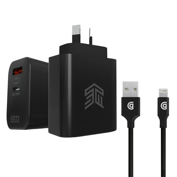 Power On-The-Go Combo - STM GaN 65W Dual Port USB-C and USB-A Power Adapter with Griffin USB-A to Lightning Cable