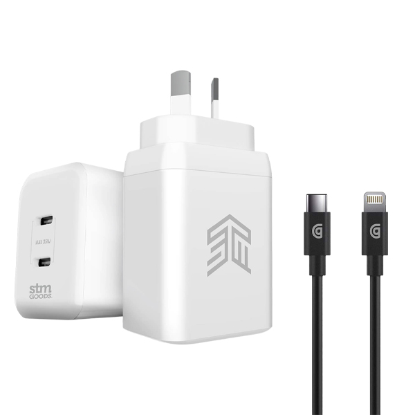 Power Duo Charging Combo - STM GaN 35W Dual Port USB-C Power Adapter & Griffin USB-C to Lightning Cable