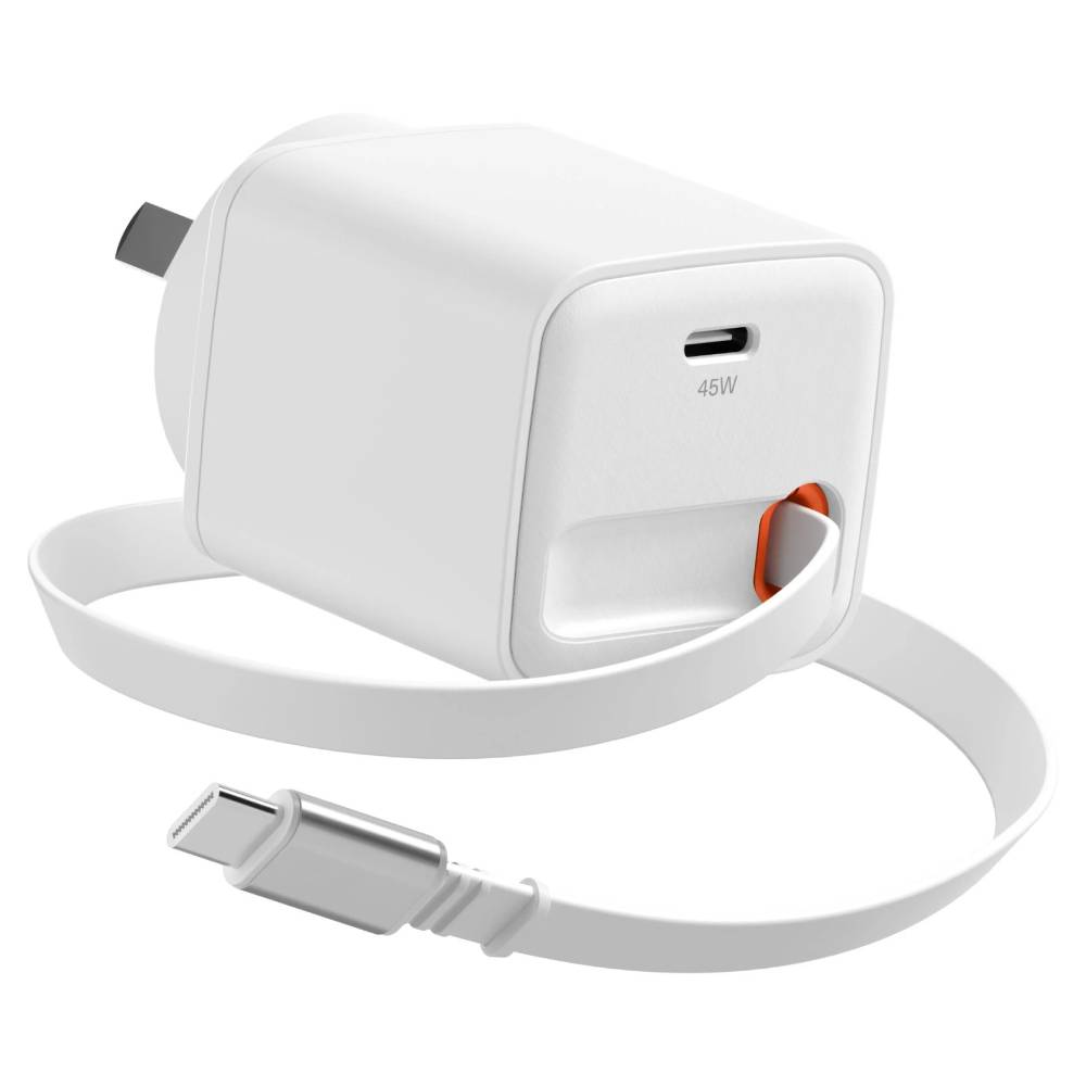 Cygnett PowerPlus 45W USB-C GaN Wall Charger with 80cm Retractable Cable – White - Pop Phones, Australia